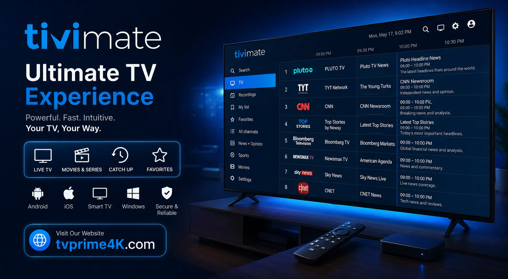 TiviMate IPTV UK hero image showing TiviMate setup on Firestick and Android TV with TVPrime4K